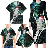 New Zealand Personalised Family Matching Long Sleeve Bodycon Dress and Hawaiian Shirt Meri Kirihimete Kowhaiwhai Mix Paua Shell - Emerald LT7 - Polynesian Pride