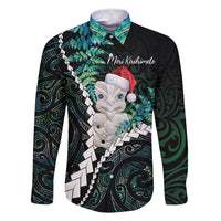 New Zealand Personalised Family Matching Long Sleeve Bodycon Dress and Hawaiian Shirt Meri Kirihimete Kowhaiwhai Mix Paua Shell - Emerald LT7 Dad's Shirt - Long Sleeve Green - Polynesian Pride