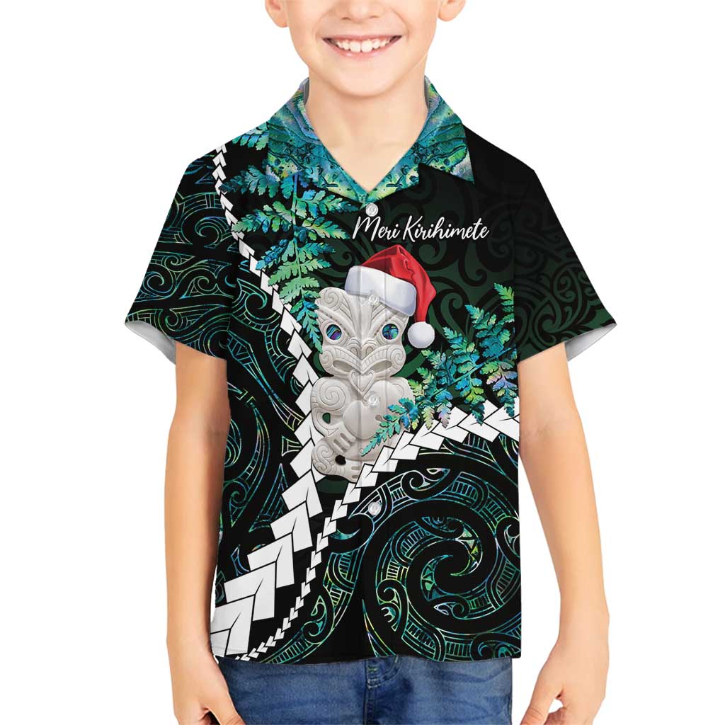New Zealand Personalised Family Matching Long Sleeve Bodycon Dress and Hawaiian Shirt Meri Kirihimete Kowhaiwhai Mix Paua Shell - Emerald LT7 Son's Shirt Green - Polynesian Pride