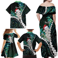 New Zealand Personalised Family Matching Off Shoulder Maxi Dress and Hawaiian Shirt Meri Kirihimete Kowhaiwhai Mix Paua Shell - Emerald