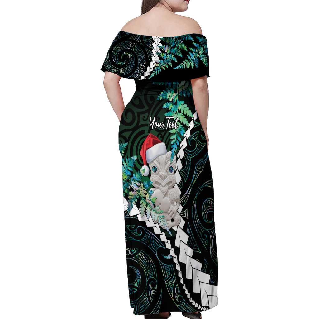 New Zealand Personalised Family Matching Off Shoulder Maxi Dress and Hawaiian Shirt Meri Kirihimete Kowhaiwhai Mix Paua Shell - Emerald