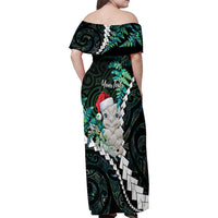New Zealand Personalised Family Matching Off Shoulder Maxi Dress and Hawaiian Shirt Meri Kirihimete Kowhaiwhai Mix Paua Shell - Emerald
