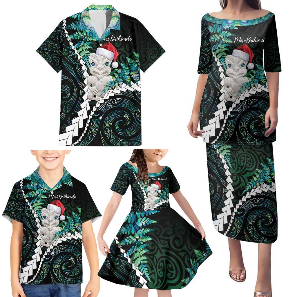 New Zealand Personalised Family Matching Puletasi and Hawaiian Shirt Meri Kirihimete Kowhaiwhai Mix Paua Shell - Emerald