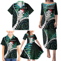 New Zealand Personalised Family Matching Puletasi and Hawaiian Shirt Meri Kirihimete Kowhaiwhai Mix Paua Shell - Emerald