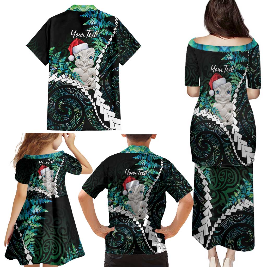New Zealand Personalised Family Matching Puletasi and Hawaiian Shirt Meri Kirihimete Kowhaiwhai Mix Paua Shell - Emerald