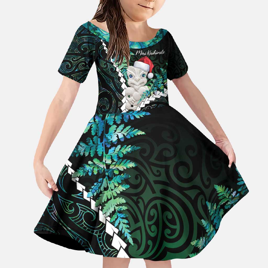 New Zealand Personalised Family Matching Short Sleeve Bodycon Dress and Hawaiian Shirt Meri Kirihimete Kowhaiwhai Mix Paua Shell - Emerald LT7 Daughter's Dress Green - Polynesian Pride