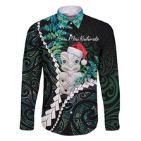 New Zealand Personalised Family Matching Short Sleeve Bodycon Dress and Hawaiian Shirt Meri Kirihimete Kowhaiwhai Mix Paua Shell - Emerald LT7 Dad's Shirt - Long Sleeve Green - Polynesian Pride