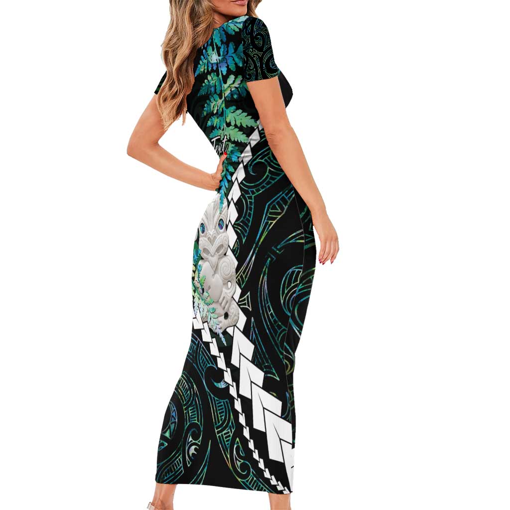 New Zealand Personalised Family Matching Short Sleeve Bodycon Dress and Hawaiian Shirt Meri Kirihimete Kowhaiwhai Mix Paua Shell - Emerald LT7 - Polynesian Pride