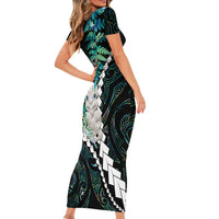 New Zealand Personalised Family Matching Short Sleeve Bodycon Dress and Hawaiian Shirt Meri Kirihimete Kowhaiwhai Mix Paua Shell - Emerald LT7 - Polynesian Pride