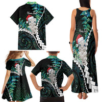 New Zealand Personalised Family Matching Tank Maxi Dress and Hawaiian Shirt Meri Kirihimete Kowhaiwhai Mix Paua Shell - Emerald