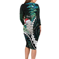 New Zealand Personalised Long Sleeve Bodycon Dress Meri Kirihimete Kowhaiwhai Mix Paua Shell - Emerald LT7 - Polynesian Pride