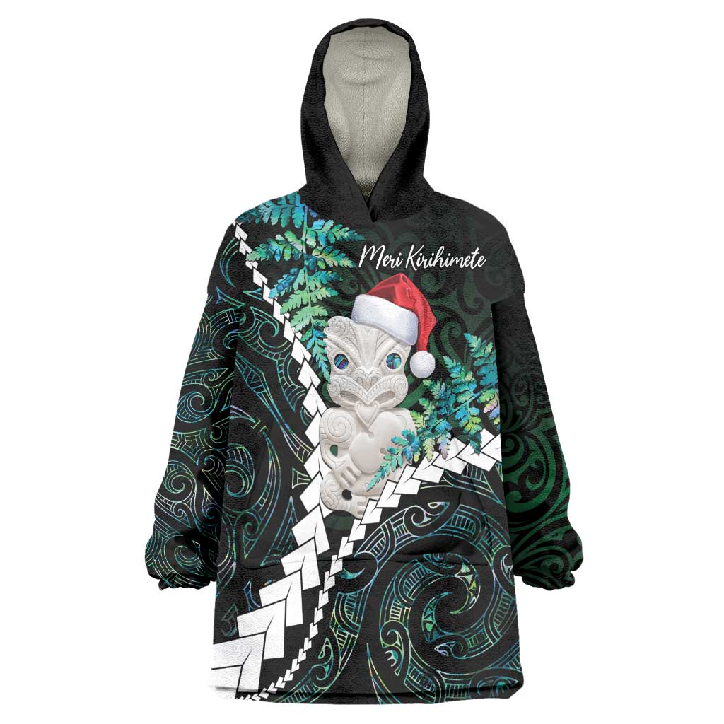 New Zealand Personalised Wearable Blanket Hoodie Meri Kirihimete Kowhaiwhai Mix Paua Shell - Emerald