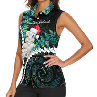 New Zealand Personalised Women Sleeveless Polo Shirt Meri Kirihimete Kowhaiwhai Mix Paua Shell - Emerald LT7 - Polynesian Pride