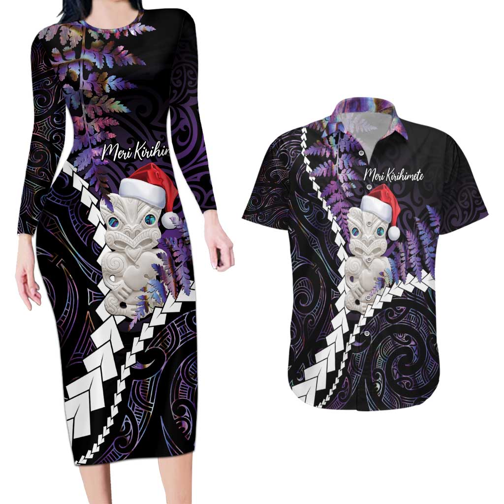 New Zealand Personalised Couples Matching Long Sleeve Bodycon Dress and Hawaiian Shirt Meri Kirihimete Kowhaiwhai Mix Paua Shell - Amethys