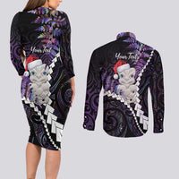 New Zealand Personalised Couples Matching Long Sleeve Bodycon Dress and Long Sleeve Button Shirt Meri Kirihimete Kowhaiwhai Mix Paua Shell - Amethys LT7 - Polynesian Pride