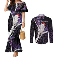 New Zealand Personalised Couples Matching Mermaid Dress and Long Sleeve Button Shirt Meri Kirihimete Kowhaiwhai Mix Paua Shell - Amethys LT7 Purple - Polynesian Pride