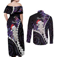 New Zealand Personalised Couples Matching Off Shoulder Maxi Dress and Long Sleeve Button Shirt Meri Kirihimete Kowhaiwhai Mix Paua Shell - Amethys LT7 - Polynesian Pride