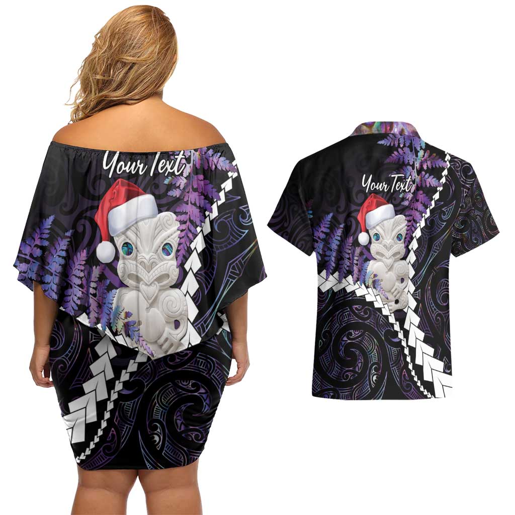 New Zealand Personalised Couples Matching Off Shoulder Short Dress and Hawaiian Shirt Meri Kirihimete Kowhaiwhai Mix Paua Shell - Amethys LT7 - Polynesian Pride