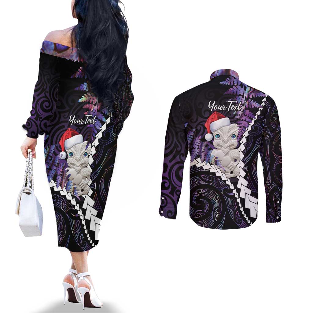 New Zealand Personalised Couples Matching Off The Shoulder Long Sleeve Dress and Long Sleeve Button Shirt Meri Kirihimete Kowhaiwhai Mix Paua Shell - Amethys LT7 - Polynesian Pride