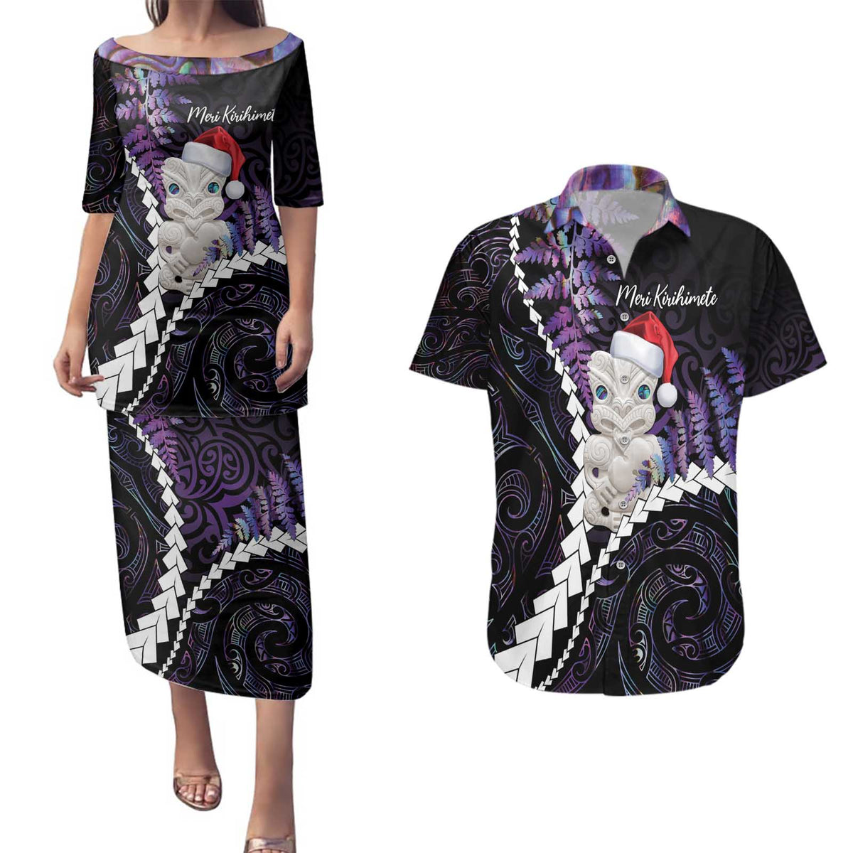New Zealand Personalised Couples Matching Puletasi and Hawaiian Shirt Meri Kirihimete Kowhaiwhai Mix Paua Shell - Amethys LT7 Purple - Polynesian Pride