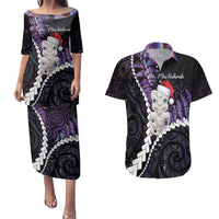 New Zealand Personalised Couples Matching Puletasi and Hawaiian Shirt Meri Kirihimete Kowhaiwhai Mix Paua Shell - Amethys LT7 Purple - Polynesian Pride