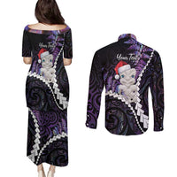 New Zealand Personalised Couples Matching Puletasi and Long Sleeve Button Shirt Meri Kirihimete Kowhaiwhai Mix Paua Shell - Amethys LT7 - Polynesian Pride