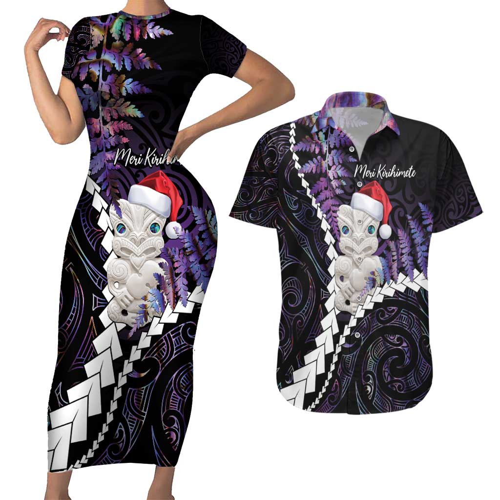 New Zealand Personalised Couples Matching Short Sleeve Bodycon Dress and Hawaiian Shirt Meri Kirihimete Kowhaiwhai Mix Paua Shell - Amethys