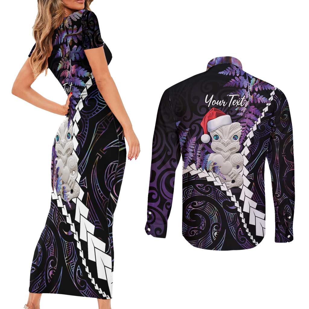New Zealand Personalised Couples Matching Short Sleeve Bodycon Dress and Long Sleeve Button Shirt Meri Kirihimete Kowhaiwhai Mix Paua Shell - Amethys LT7 - Polynesian Pride