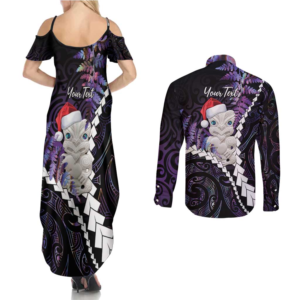 New Zealand Personalised Couples Matching Summer Maxi Dress and Long Sleeve Button Shirt Meri Kirihimete Kowhaiwhai Mix Paua Shell - Amethys LT7 - Polynesian Pride