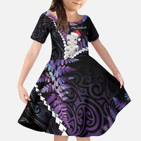 New Zealand Personalised Family Matching Long Sleeve Bodycon Dress and Hawaiian Shirt Meri Kirihimete Kowhaiwhai Mix Paua Shell - Amethys LT7 Daughter's Dress Purple - Polynesian Pride