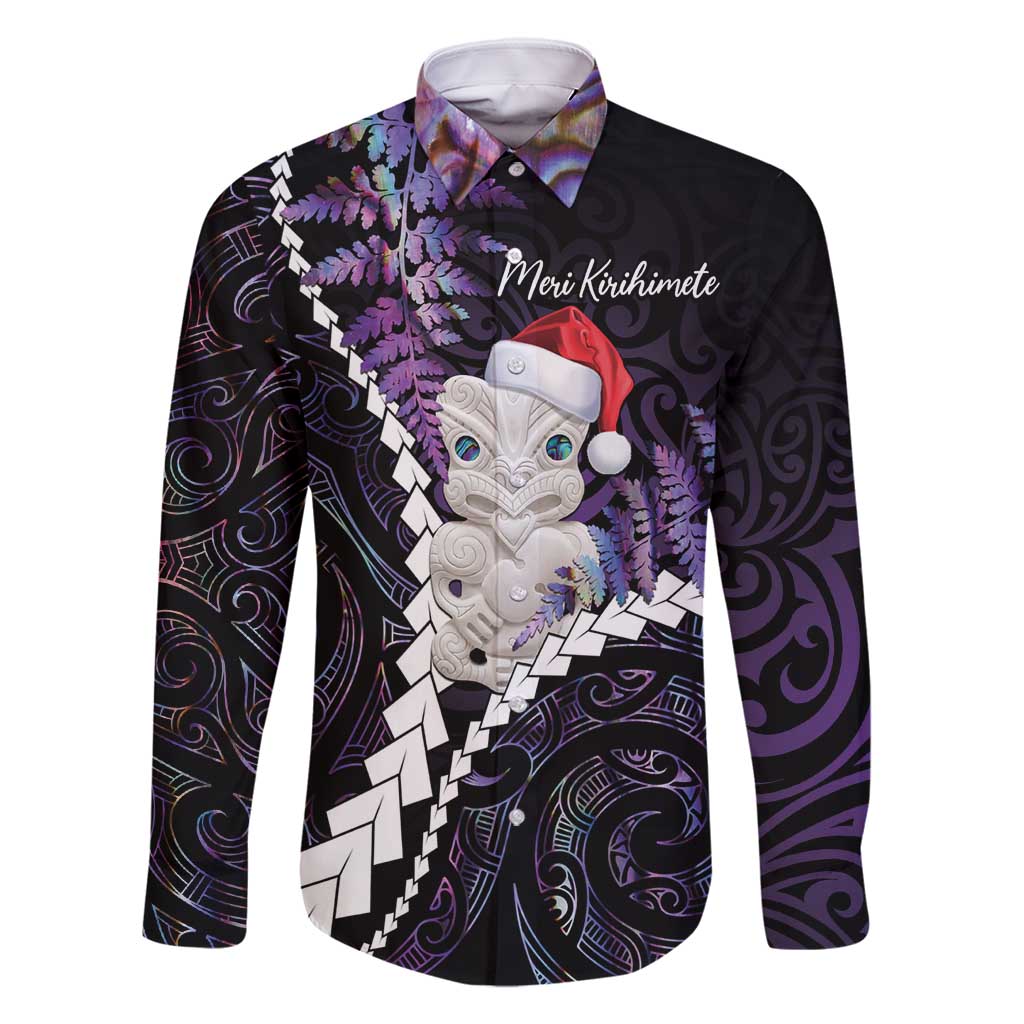 New Zealand Personalised Family Matching Long Sleeve Bodycon Dress and Hawaiian Shirt Meri Kirihimete Kowhaiwhai Mix Paua Shell - Amethys LT7 Dad's Shirt - Long Sleeve Purple - Polynesian Pride