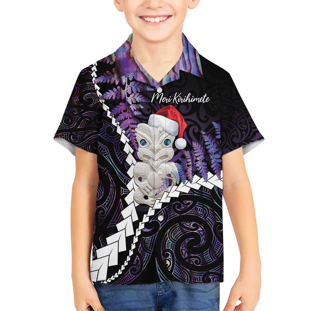 New Zealand Personalised Family Matching Long Sleeve Bodycon Dress and Hawaiian Shirt Meri Kirihimete Kowhaiwhai Mix Paua Shell - Amethys LT7 Son's Shirt Purple - Polynesian Pride