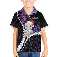 New Zealand Personalised Family Matching Long Sleeve Bodycon Dress and Hawaiian Shirt Meri Kirihimete Kowhaiwhai Mix Paua Shell - Amethys LT7 Son's Shirt Purple - Polynesian Pride