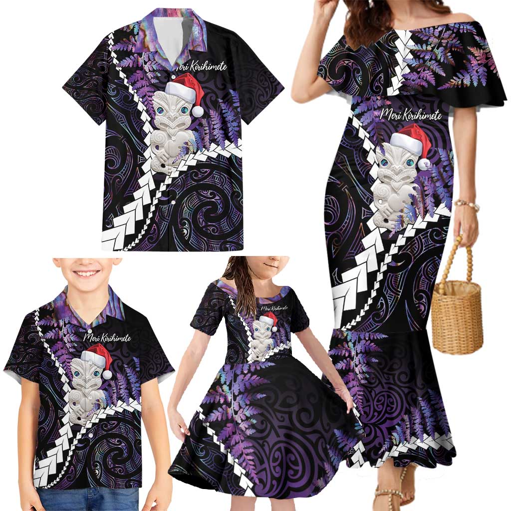 New Zealand Personalised Family Matching Mermaid Dress and Hawaiian Shirt Meri Kirihimete Kowhaiwhai Mix Paua Shell - Amethys LT7 - Polynesian Pride