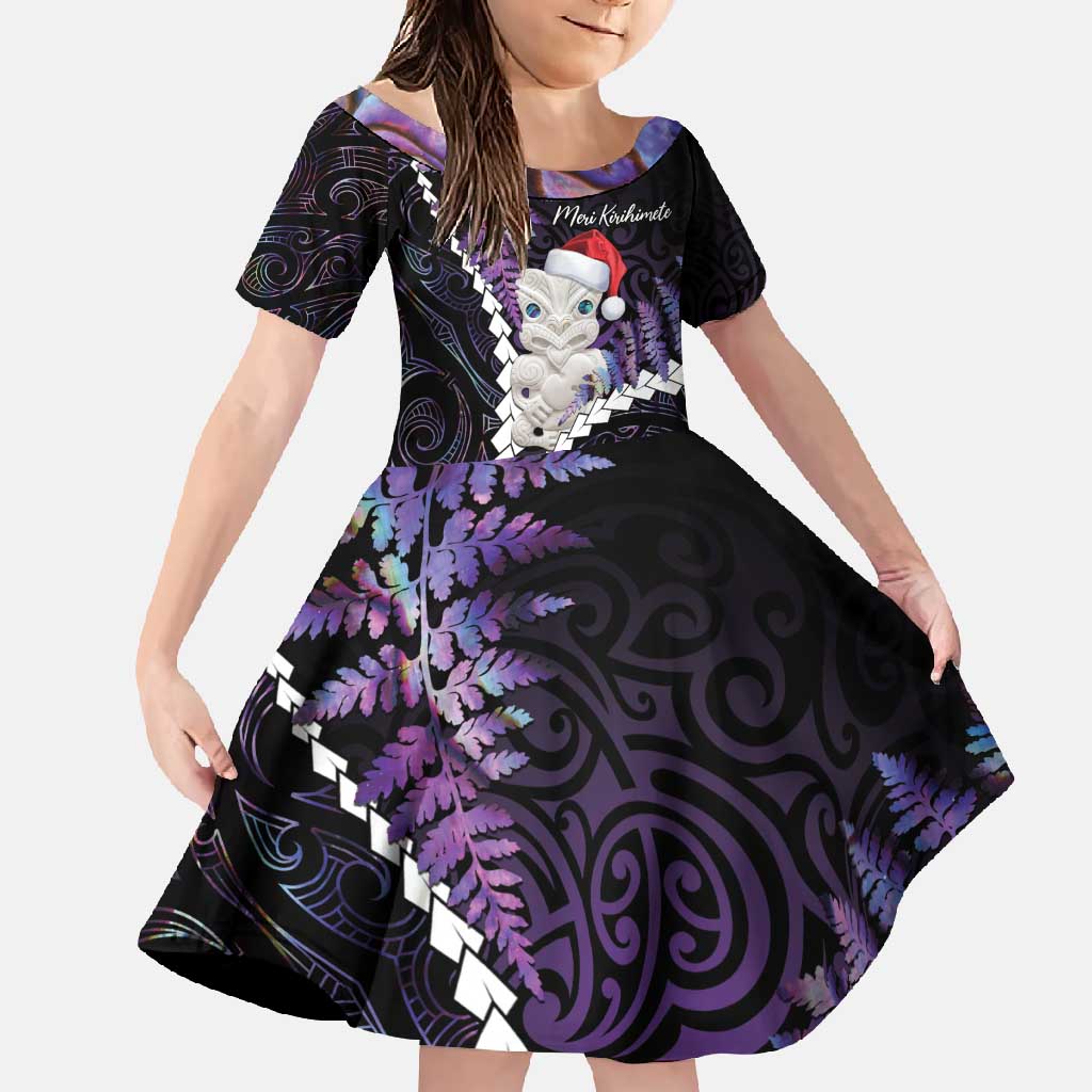 New Zealand Personalised Family Matching Short Sleeve Bodycon Dress and Hawaiian Shirt Meri Kirihimete Kowhaiwhai Mix Paua Shell - Amethys LT7 Daughter's Dress Purple - Polynesian Pride