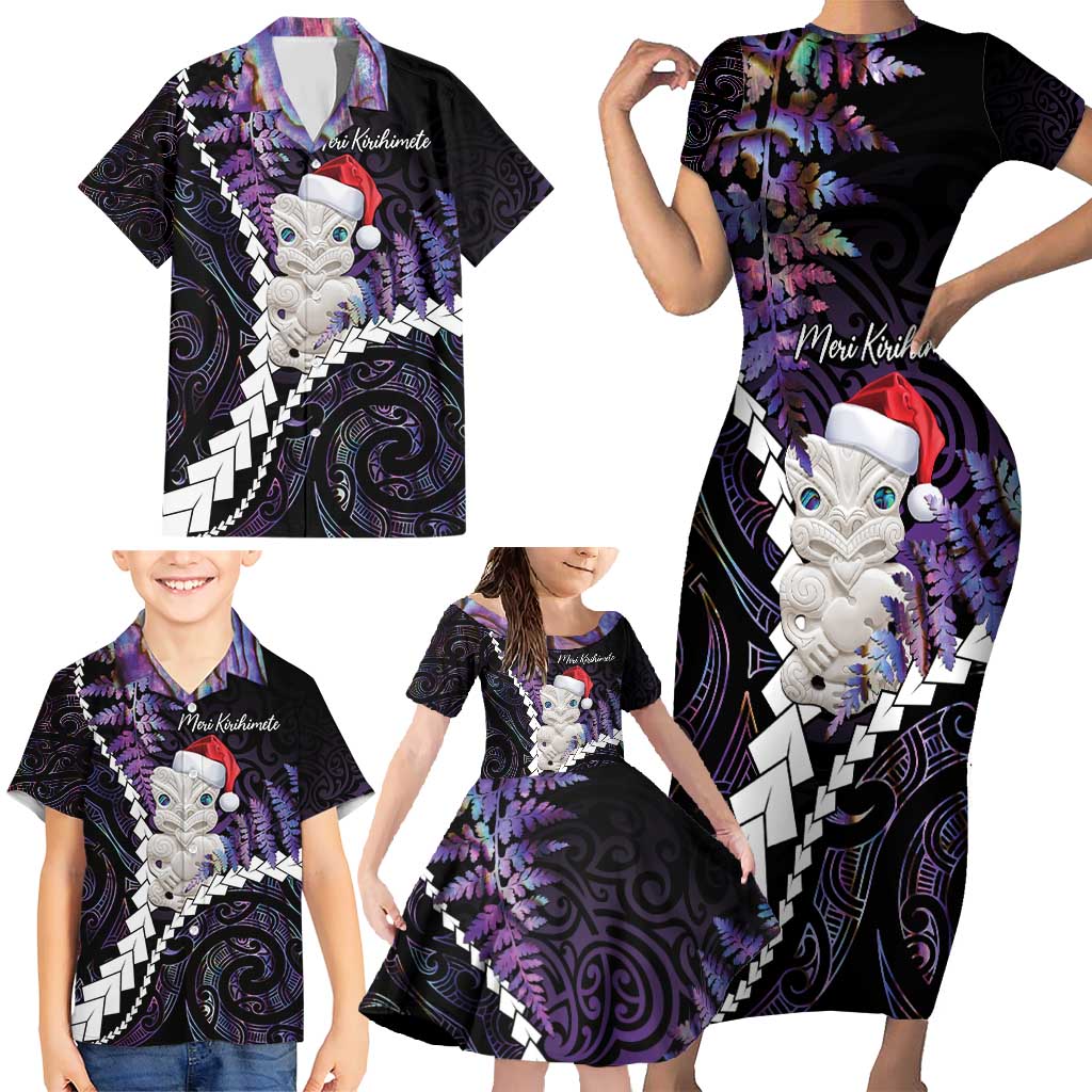 New Zealand Personalised Family Matching Short Sleeve Bodycon Dress and Hawaiian Shirt Meri Kirihimete Kowhaiwhai Mix Paua Shell - Amethys LT7 - Polynesian Pride