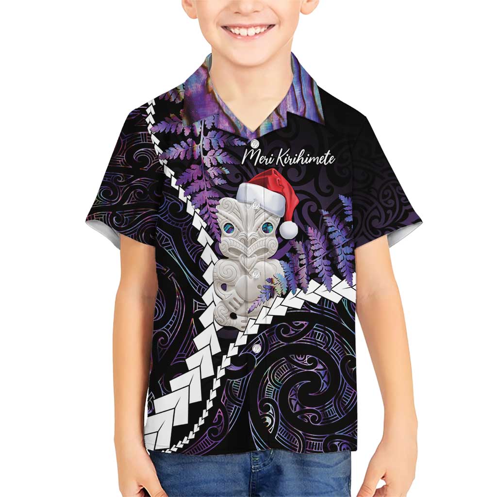 New Zealand Personalised Family Matching Short Sleeve Bodycon Dress and Hawaiian Shirt Meri Kirihimete Kowhaiwhai Mix Paua Shell - Amethys LT7 Son's Shirt Purple - Polynesian Pride