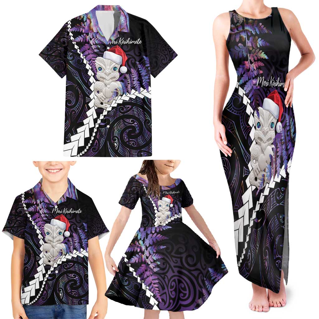 New Zealand Personalised Family Matching Tank Maxi Dress and Hawaiian Shirt Meri Kirihimete Kowhaiwhai Mix Paua Shell - Amethys