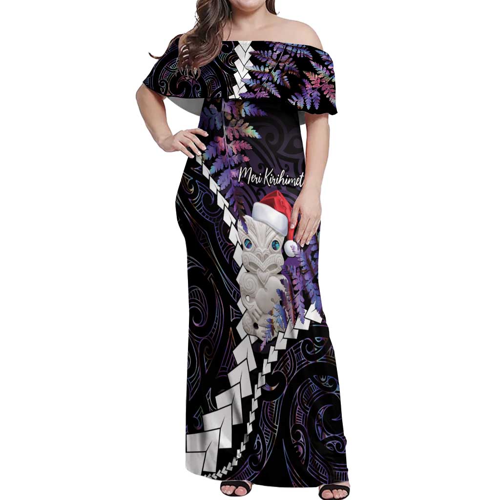 New Zealand Personalised Off Shoulder Maxi Dress Meri Kirihimete Kowhaiwhai Mix Paua Shell - Amethys