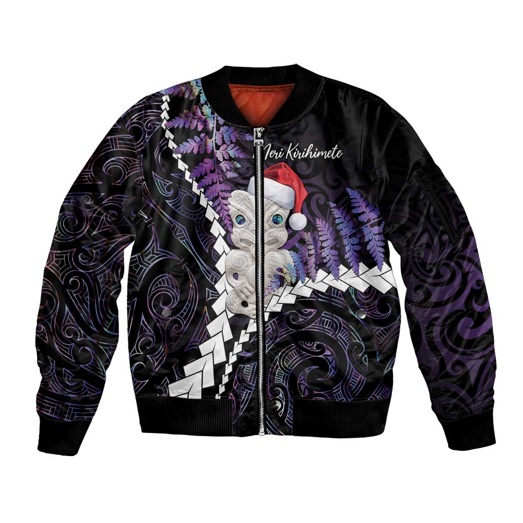 New Zealand Personalised Sleeve Zip Bomber Jacket Meri Kirihimete Kowhaiwhai Mix Paua Shell - Amethys