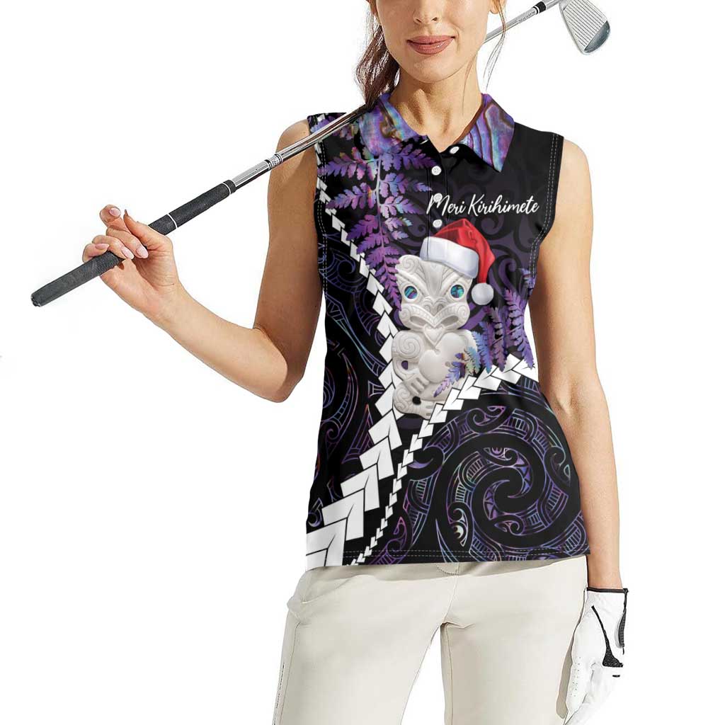 New Zealand Personalised Women Sleeveless Polo Shirt Meri Kirihimete Kowhaiwhai Mix Paua Shell - Amethys LT7 - Polynesian Pride