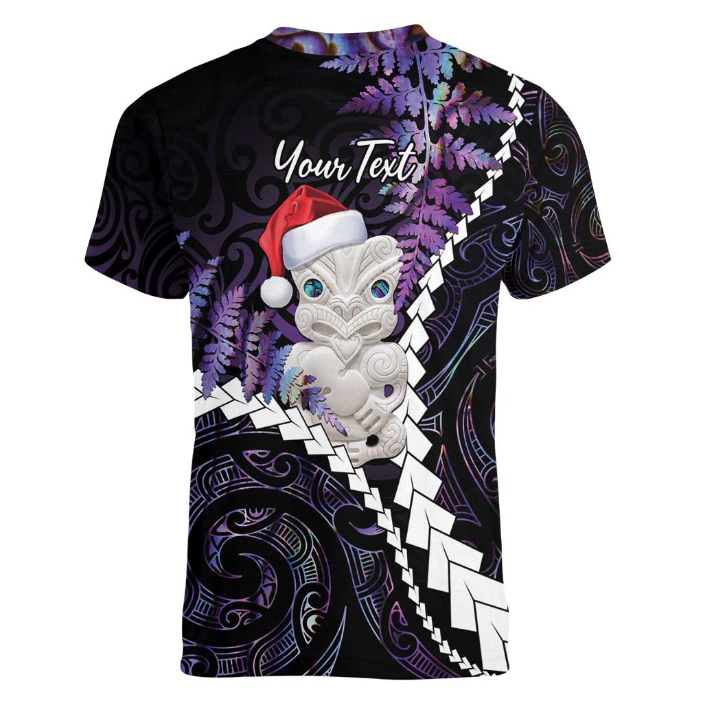 New Zealand Personalised Women V-Neck T-Shirt Meri Kirihimete Kowhaiwhai Mix Paua Shell - Amethys LT7 - Polynesian Pride