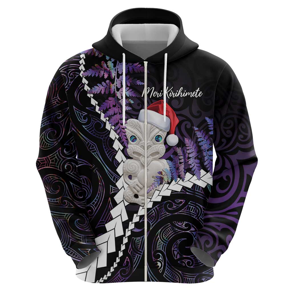 New Zealand Personalised Zip Hoodie Meri Kirihimete Kowhaiwhai Mix Paua Shell - Amethys LT7 - Polynesian Pride