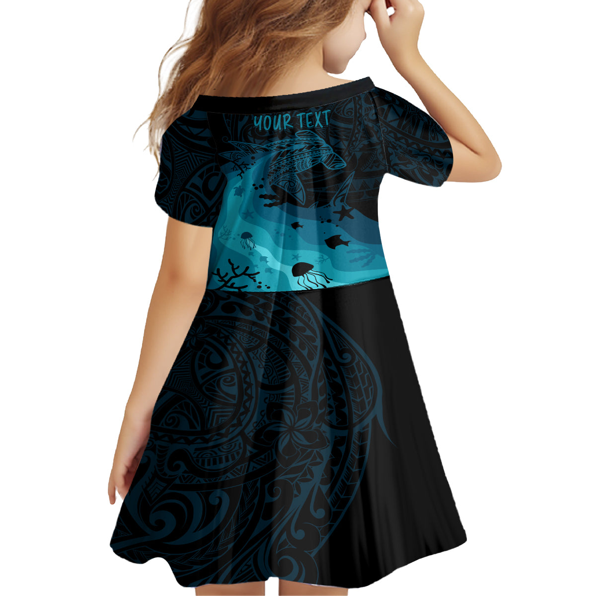 Polynesian Shark Kid Short Sleeve Dress Under The Waves LT7 - Polynesian Pride