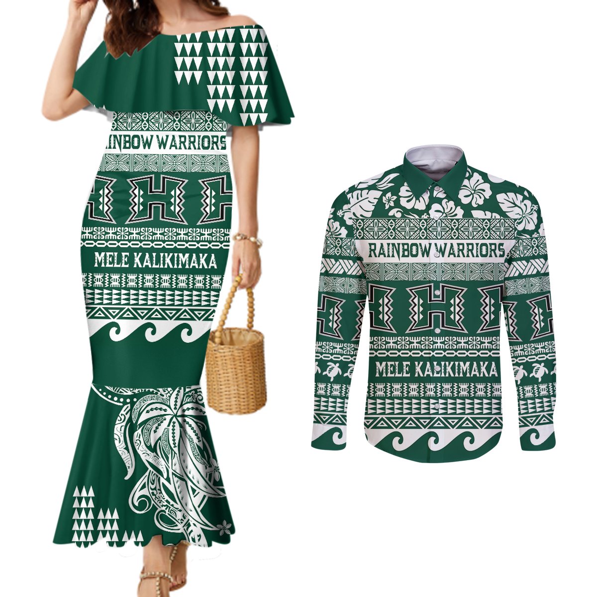Hawaii Rainbow Warriors Christmas Couples Matching Mermaid Dress and Long Sleeve Button Shirt Kakau Motifs LT7 Green - Polynesian Pride