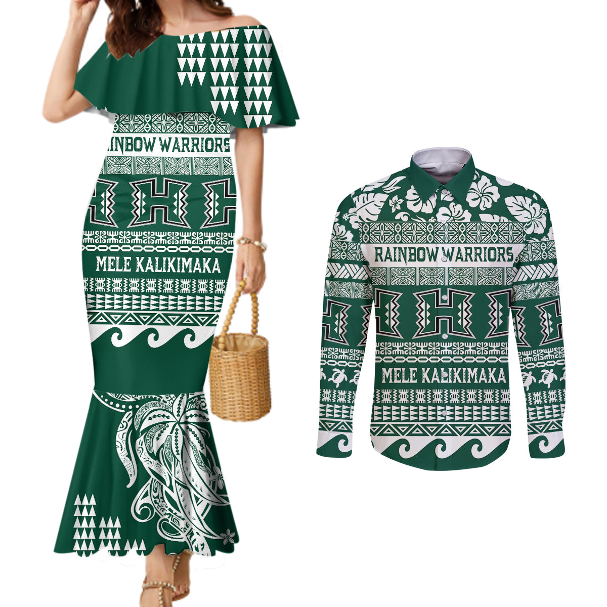 Hawaii Rainbow Warriors Christmas Couples Matching Mermaid Dress and Long Sleeve Button Shirt Kakau Motifs LT7 Green - Polynesian Pride