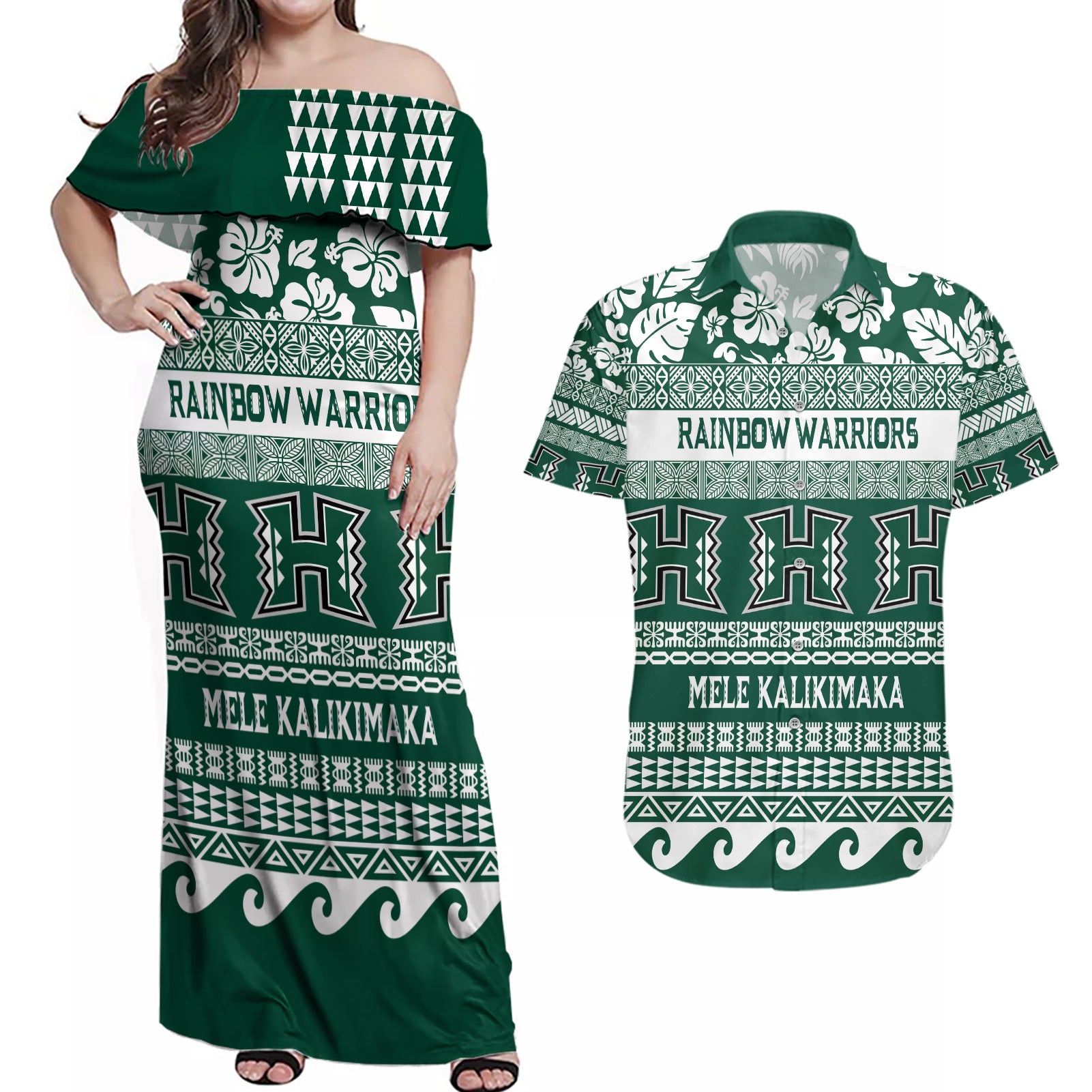 Hawaii Rainbow Warriors Christmas Couples Matching Off Shoulder Maxi Dress and Hawaiian Shirt Kakau Motifs LT7 Green - Polynesian Pride