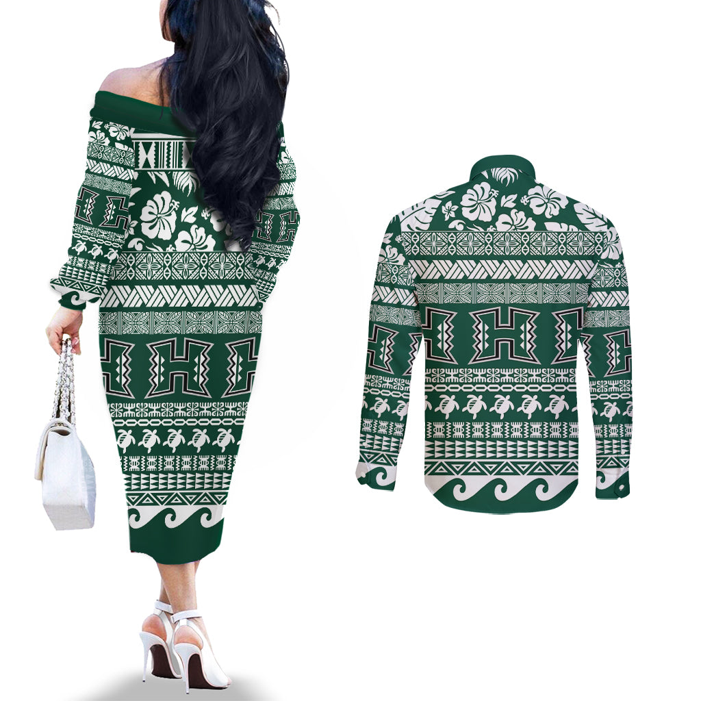 Hawaii Rainbow Warriors Christmas Couples Matching Off The Shoulder Long Sleeve Dress and Long Sleeve Button Shirt Kakau Motifs LT7 - Polynesian Pride