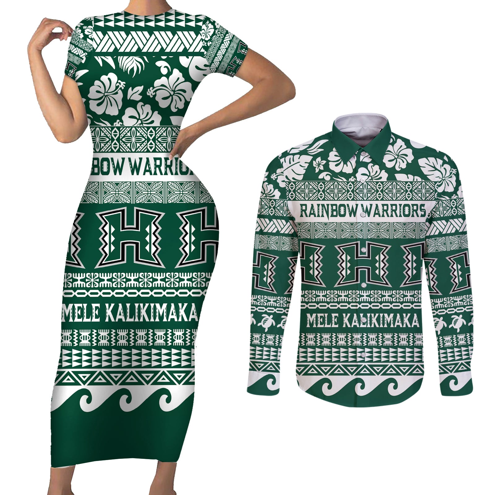 Hawaii Rainbow Warriors Christmas Couples Matching Short Sleeve Bodycon Dress and Long Sleeve Button Shirt Kakau Motifs LT7 Green - Polynesian Pride