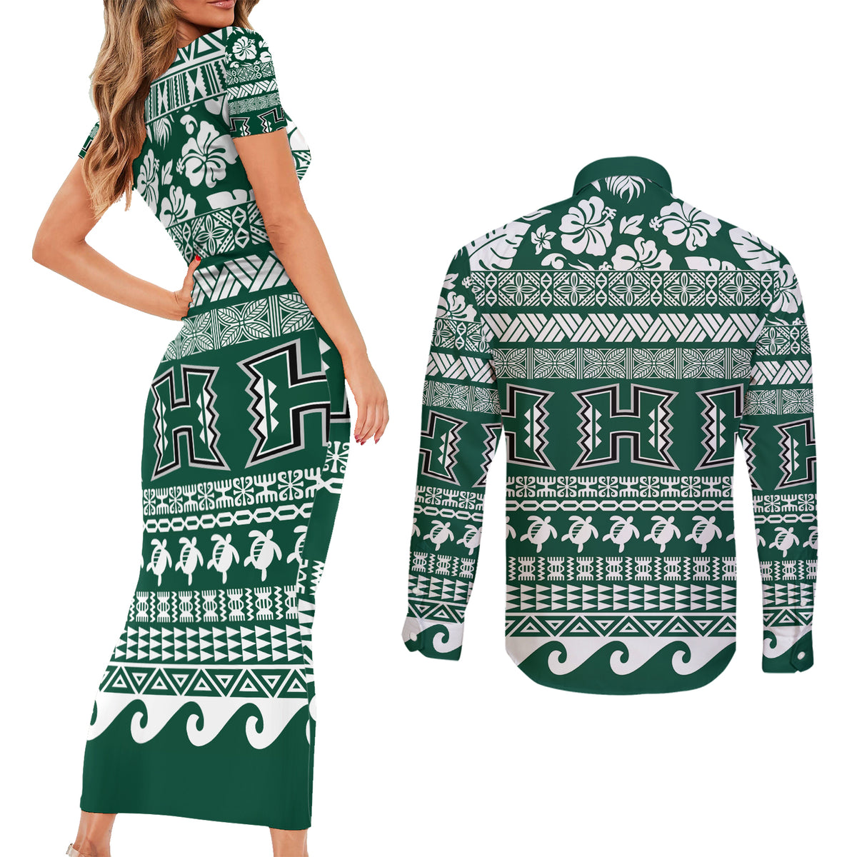 Hawaii Rainbow Warriors Christmas Couples Matching Short Sleeve Bodycon Dress and Long Sleeve Button Shirt Kakau Motifs LT7 - Polynesian Pride